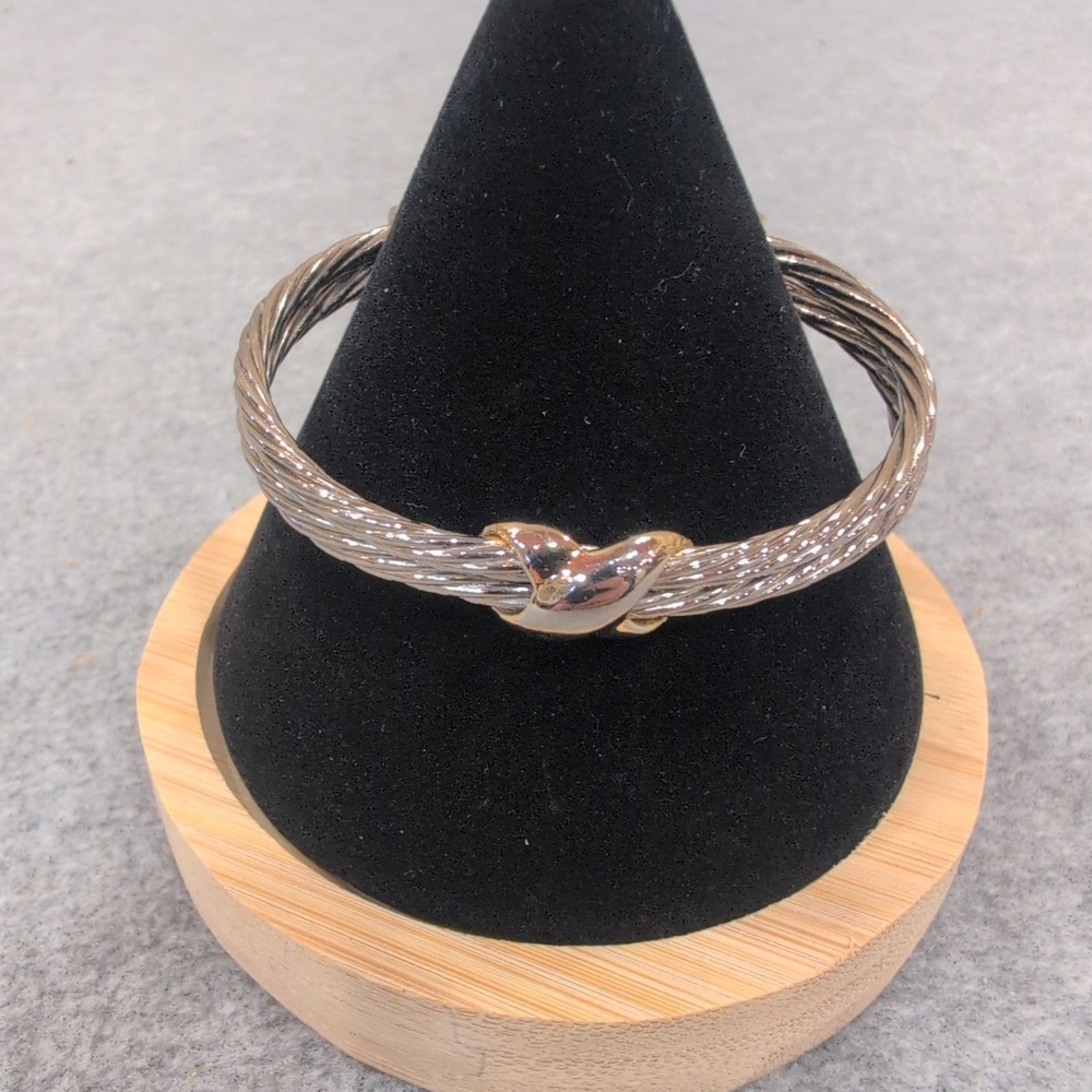Silver Tone Twisted Cable Bangle Bracelet Gold Heart Knot Clasp - Picture 1 of 4
